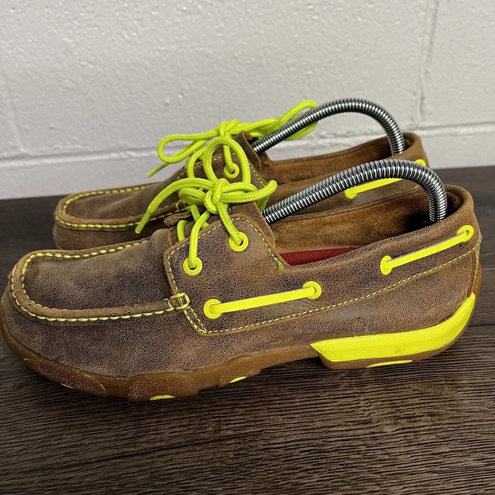 Twisted X Womens ‎ Driving Boat Shoes Brown Yellow Lace Up Moc Toe Leather 7.5M